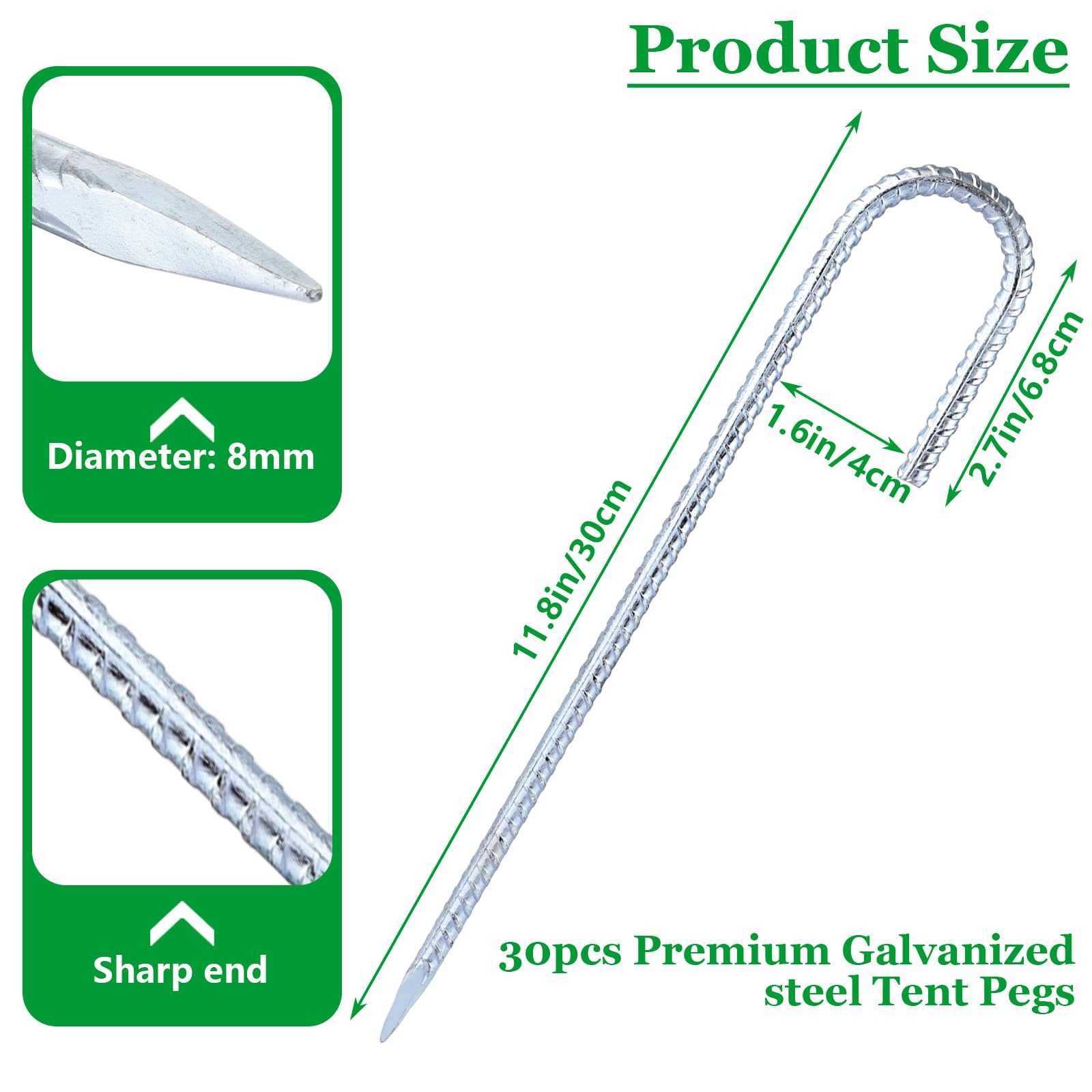 YOUNTHYE Zeltheringe aus Metall, robust, 30 cm, Bodenheringe, verzinkter Stahl, Bodenpfähle, Bewehrungszelt-Heringe, Trampolin-Heringe, J-Haken für Zelte, Schaukel, Trampolin, Fußballnetze, 30 Stück
