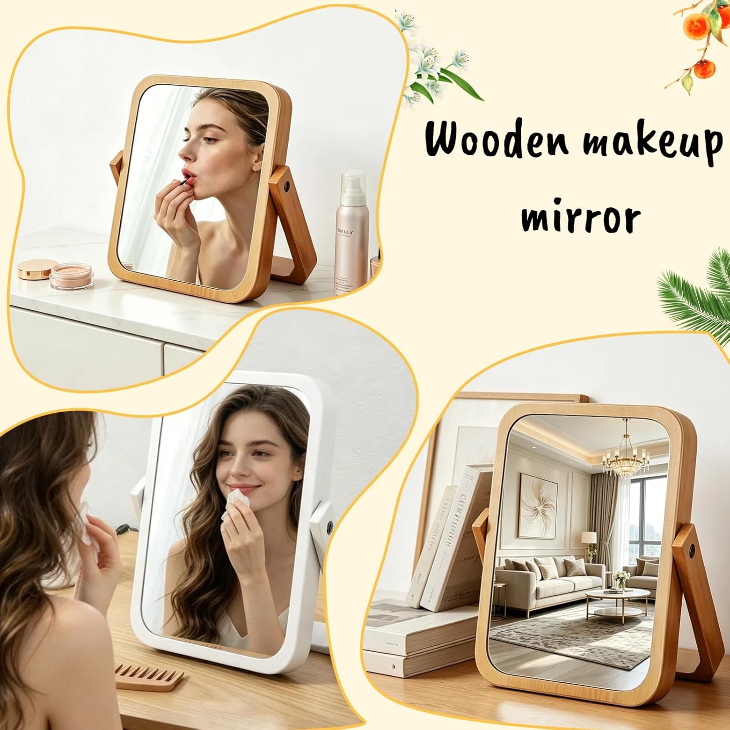 Wooden Makeup Mirror, Rectangular, wall-mountable, Available in Medium and Small Sizes, Perfect for the Bedroom, Makes a Great Birthday Gift(7.5" L x 5.9" W)