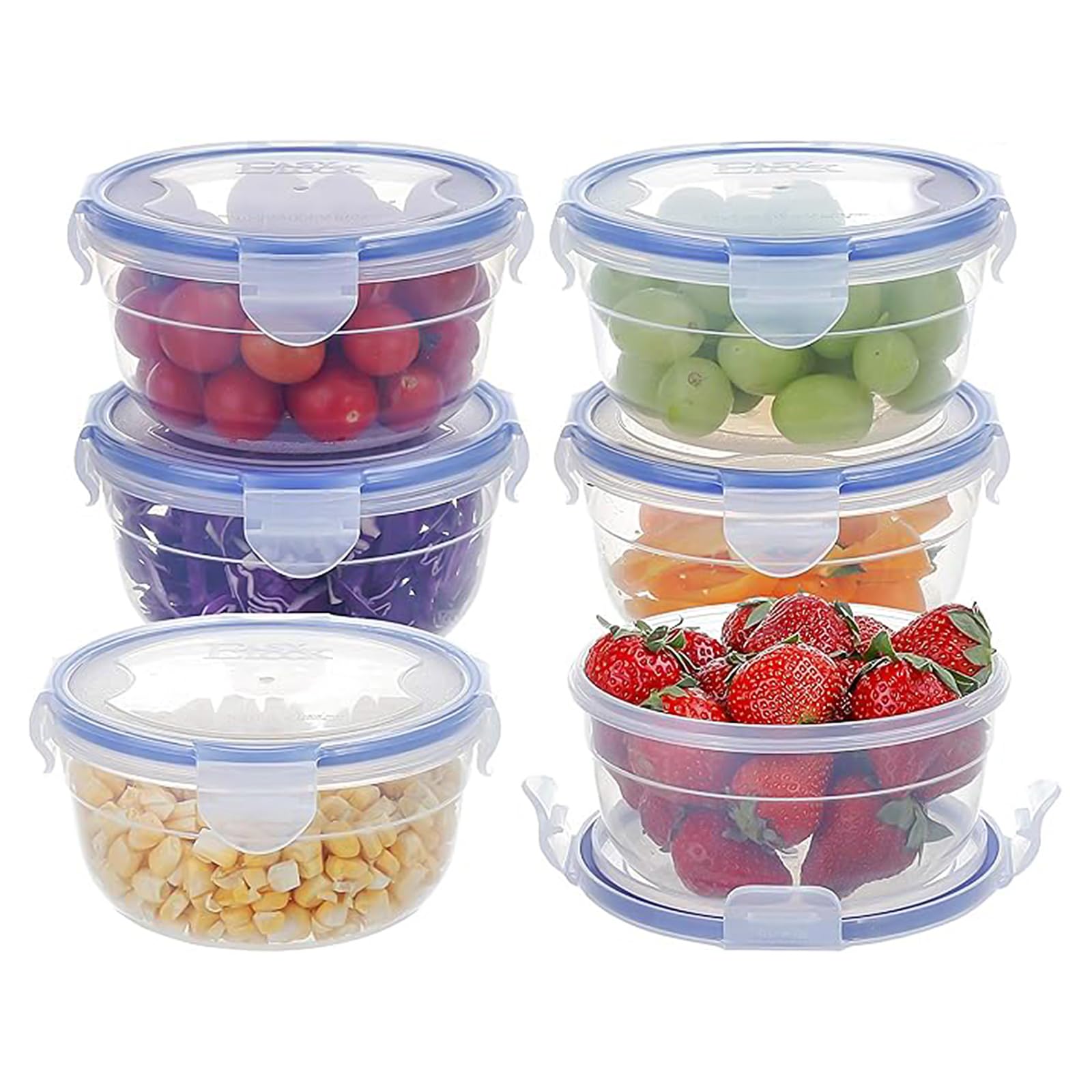 Luftdichte runde Frischhaltedosen, 6 Stück, 300 ml, Kunststoff, mit Deckel, für Snacks, Obst, Joghurt, auslaufsicher, stapelbar, ideal für Kühlschrank und Reisen