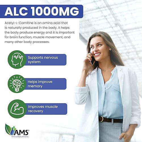 Miniatura 4 de America Medic & Science Acetil L-carnitina 1000 mg (60 tabletas)  Suplemento dietético para hombres y mujeres  Promueve la producción de energía