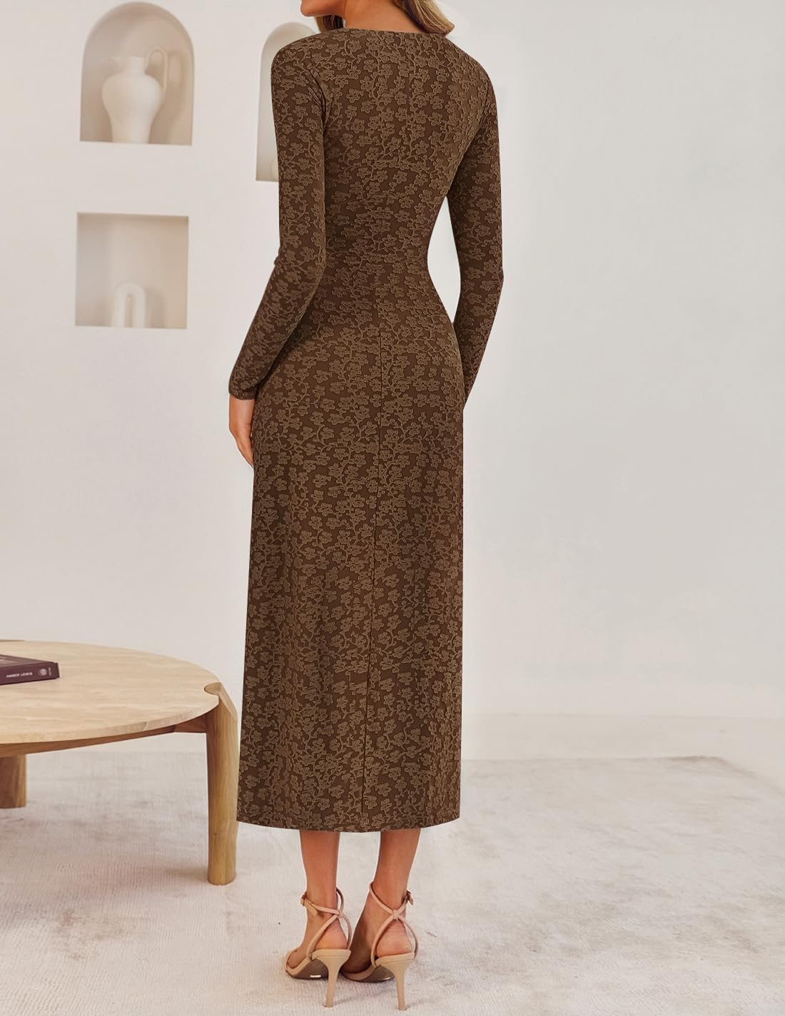 ZESICA Women's Fall Floral Long Sleeve Bodycon Dress 2026 Elegant V Neck Cocktail Party Long Midi Dresses - Image 3