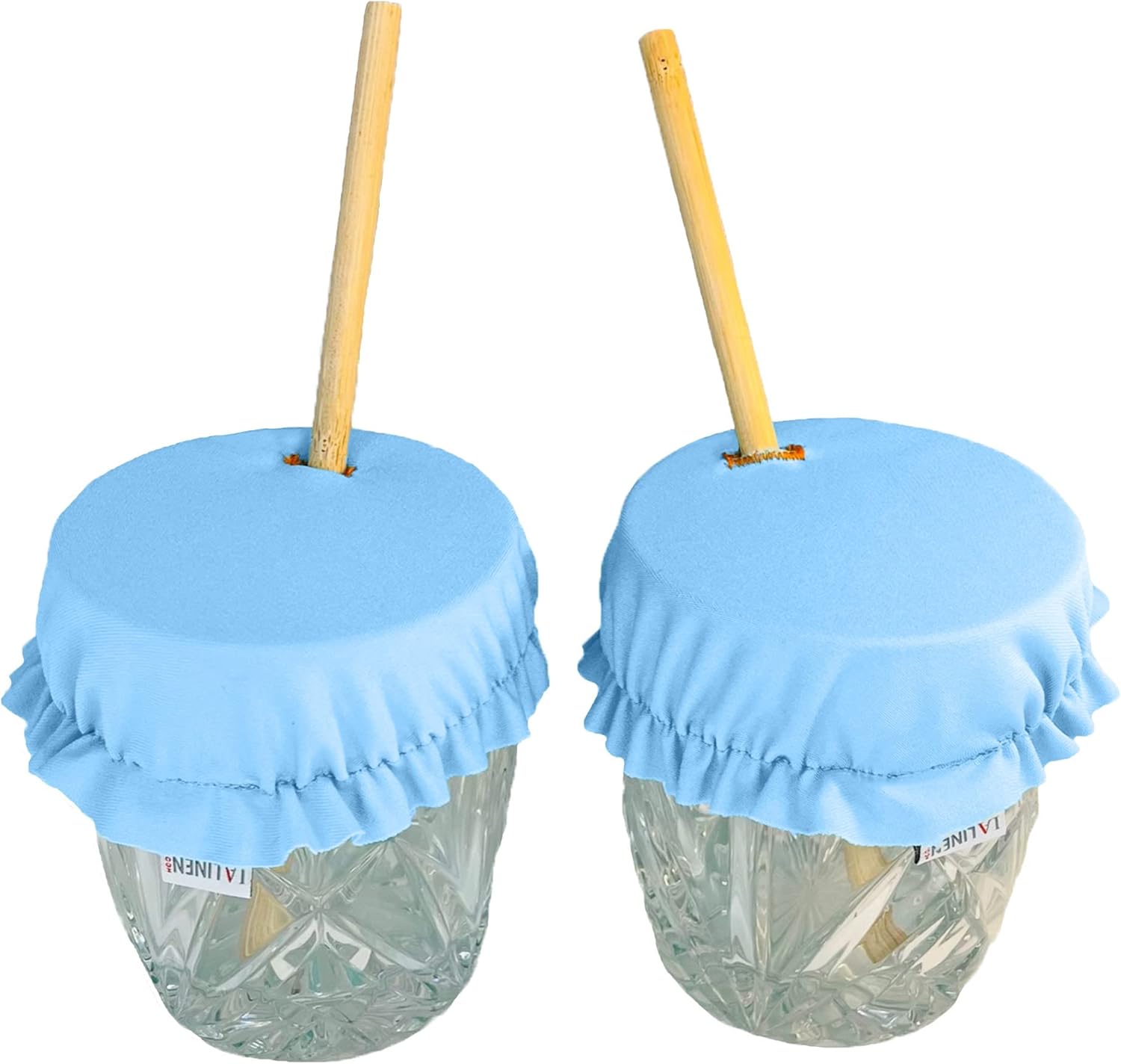 LA Linen Drink Cover, Stretch Safety Glass Cover with Straw Hole, Washable and Reusable, Prevent Spiking or Spilling, Keep Out Sand, Flies, Leaves, Pet Hair, 2 Pack, Blue Light