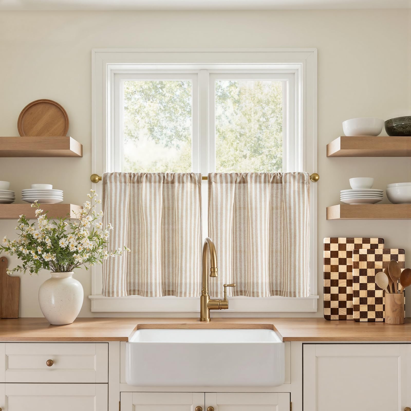 jinchan Striped Linen Kitchen Curtains 20 Inches Length Tier Curtains Farmhouse Modern Cafe Style Small Window Treatments Airy Light Filtering Rod Pocket for Living Room Bathroom 2 Panels Tan