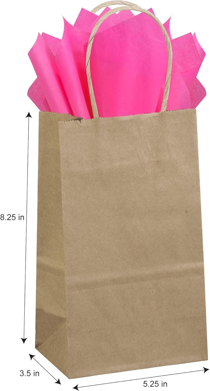 Flexicore Packaging® 50ct Natural Brown Kraft Paper Gift Bags + 100ct Gift Tissue Paper (Hot Pink)