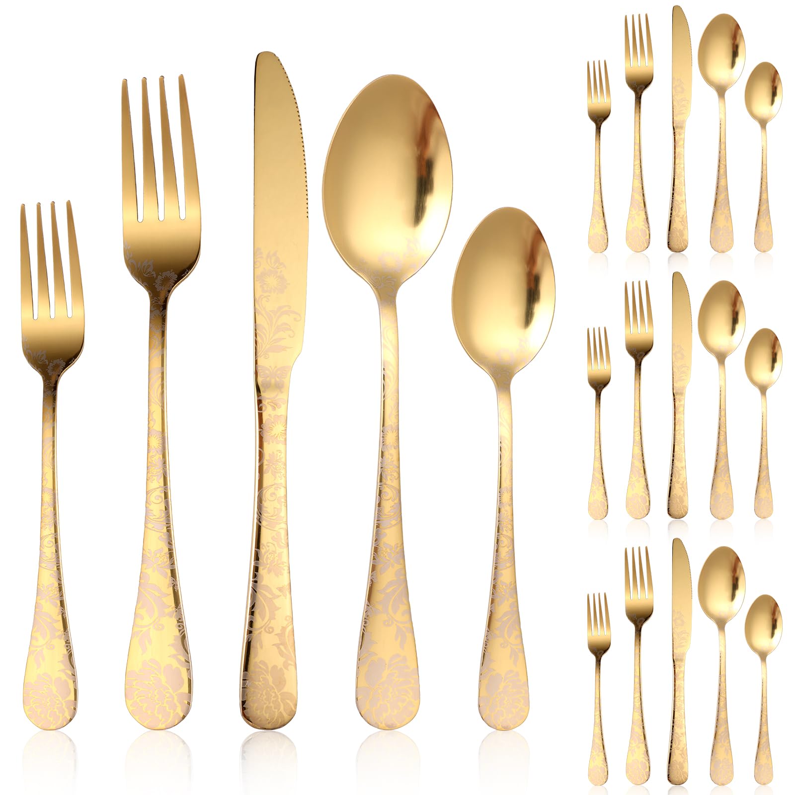 20 Piece Stainless Steel Cutlery Set for 4 Flatware Sets Elegant Flower Pattern Tableware Silverware Set with Spoon Knives Forks Dishwasher Safe Utensil for Home Restaurant Party(Gold)