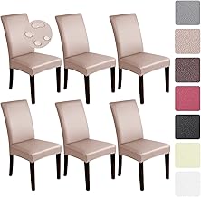 Alishomtll Stretch PU Chair Covers Set of 6 Faux Leather Chair Slipcovers Swing Chair Waterproof Washable Dining Room Chair Covers Protection for Kitchen Restaurant Hotel Wedding (Khaki Pink, 6pcs)
