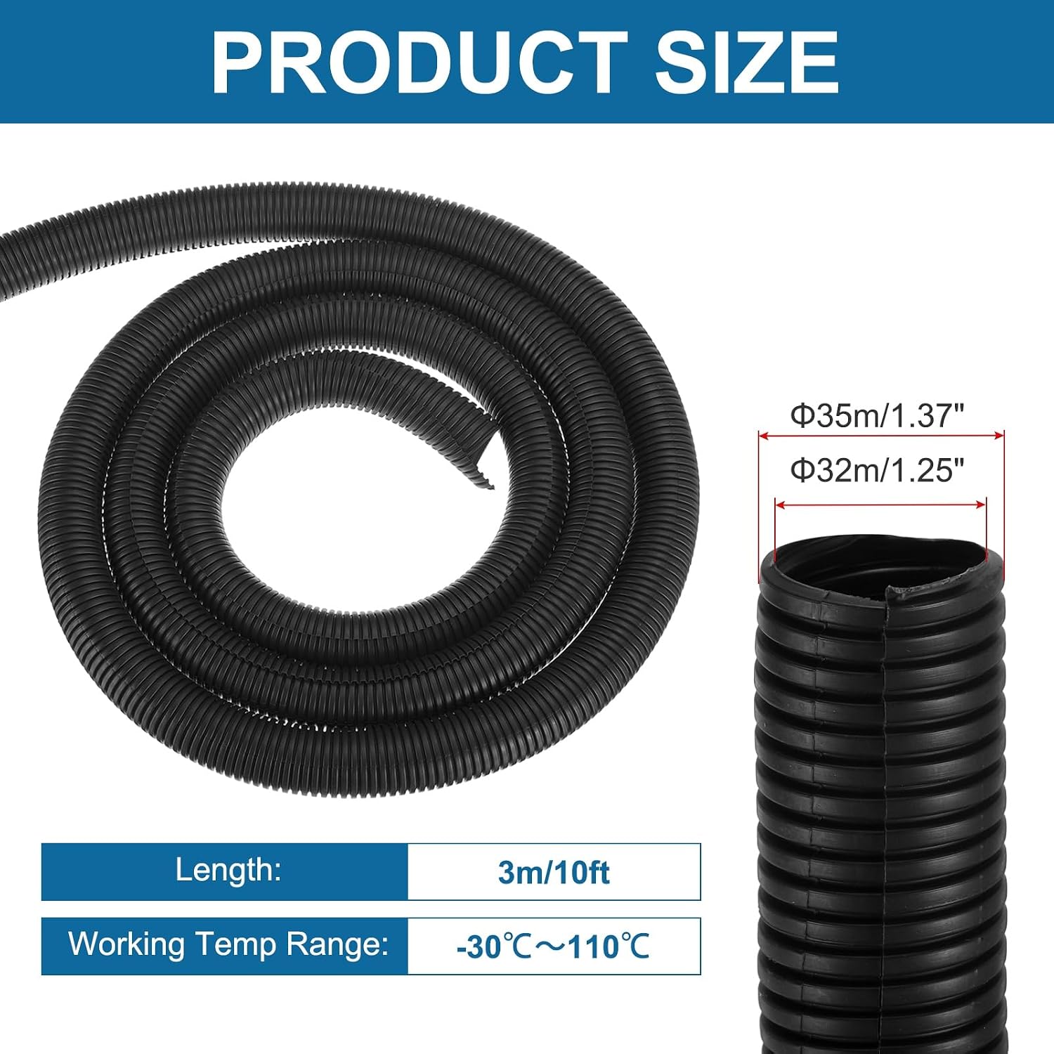 MECCANIXITY 1 1/4 Inch 10ft Split Wire Loom Tubing, Flexible Cord Protectors with Installation Tool Cable Management Sleeve Conduits Cover for Office Home Electrical Automotive Wires, Black