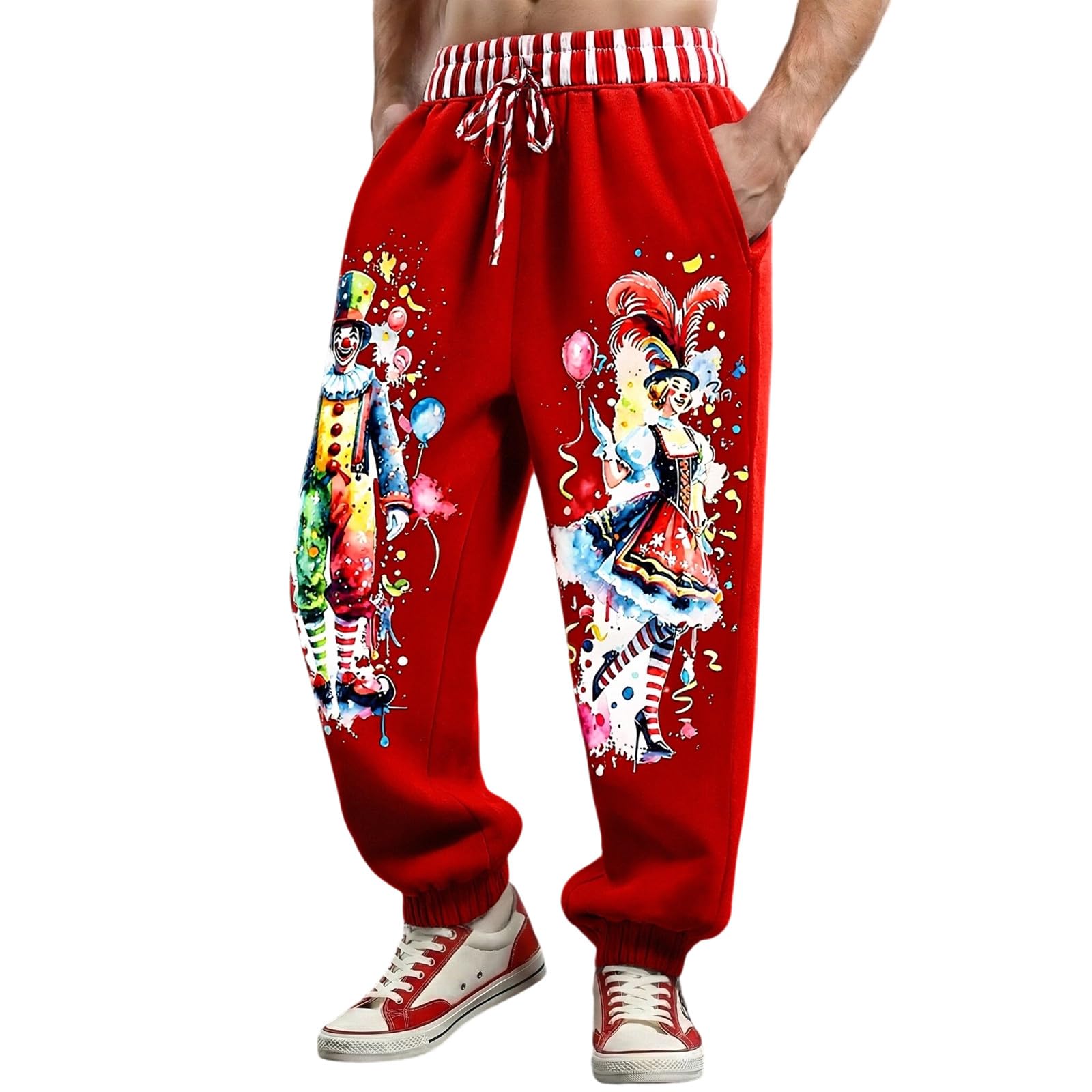 Générique Men's Harem Pants Clown Costume Carnival Clown Trousers Lapel Pattern Elastic Waist Casual Jogging Bottoms Pyjama Bottoms Baggy Pants, K Red, L