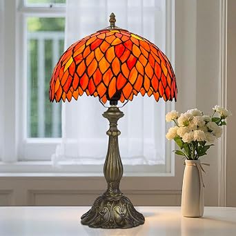 Tiffany Style Table Lamp, Stained Glass Lamp for Bedside, Bedroom, Nightstand, Living Room, 12 Inch Vintage Desk Light Included E26 Bulbs with Remote Control Orange Red Wisteria
