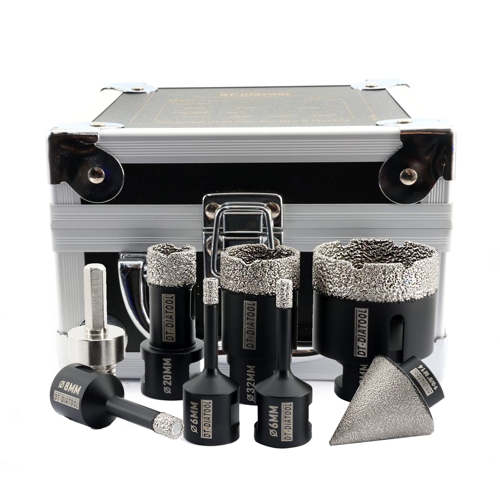 DT-DIATOOL Foret Diamant Carrelage Kit 8 pièces - 6/6/8/20/32/50mm Scie Cloche Diamantée +35mm Mèches Chanfrein Biseautées+Adaptateur pour Porcelaine Carrelage Marbre Granit