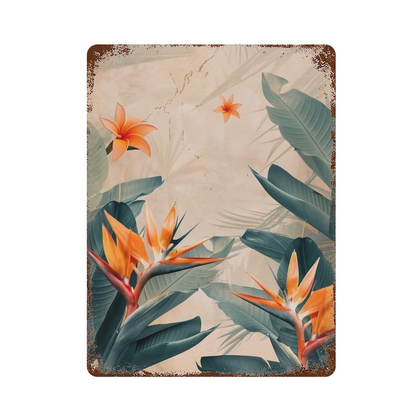 WUJHGRSG Textured Aged Ochre Tropical Bird of Paradise Foliage Vista 02 Wall Art Retro Iron Vintage Metal Tin Sign Poster Modern Decor for Home Cofffee Club Bar Shop Style 40x30cm