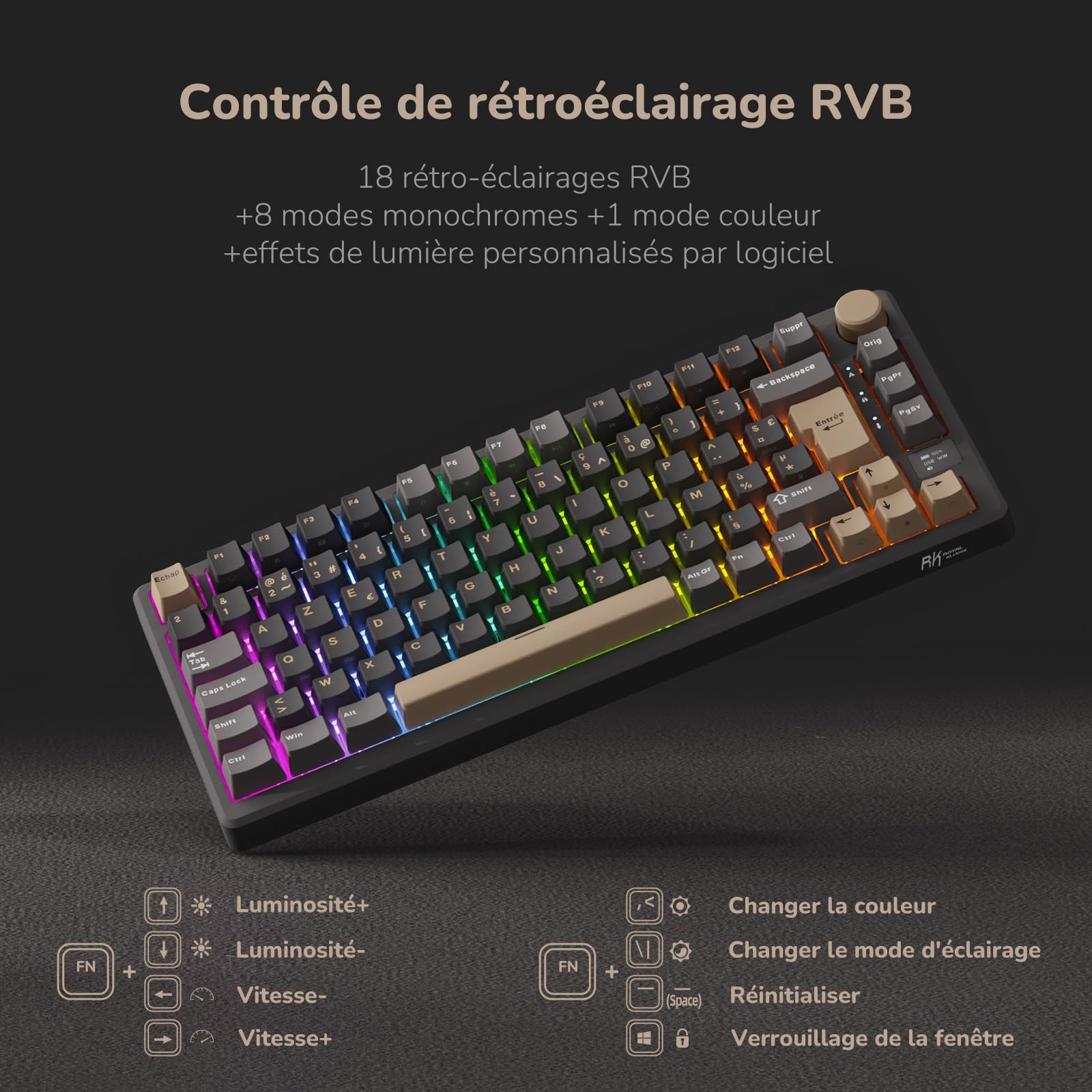 RK ROYAL KLUDGE M75 Clavier Mécanique sans Fil, Azerty BT5.0/2.4G/USB-C Compact 75% Clavier Gamer Mécanique avec écran Intelligent OLED et Bouton Rétroéclairage RVB, Interrupteur Rouge, Grey