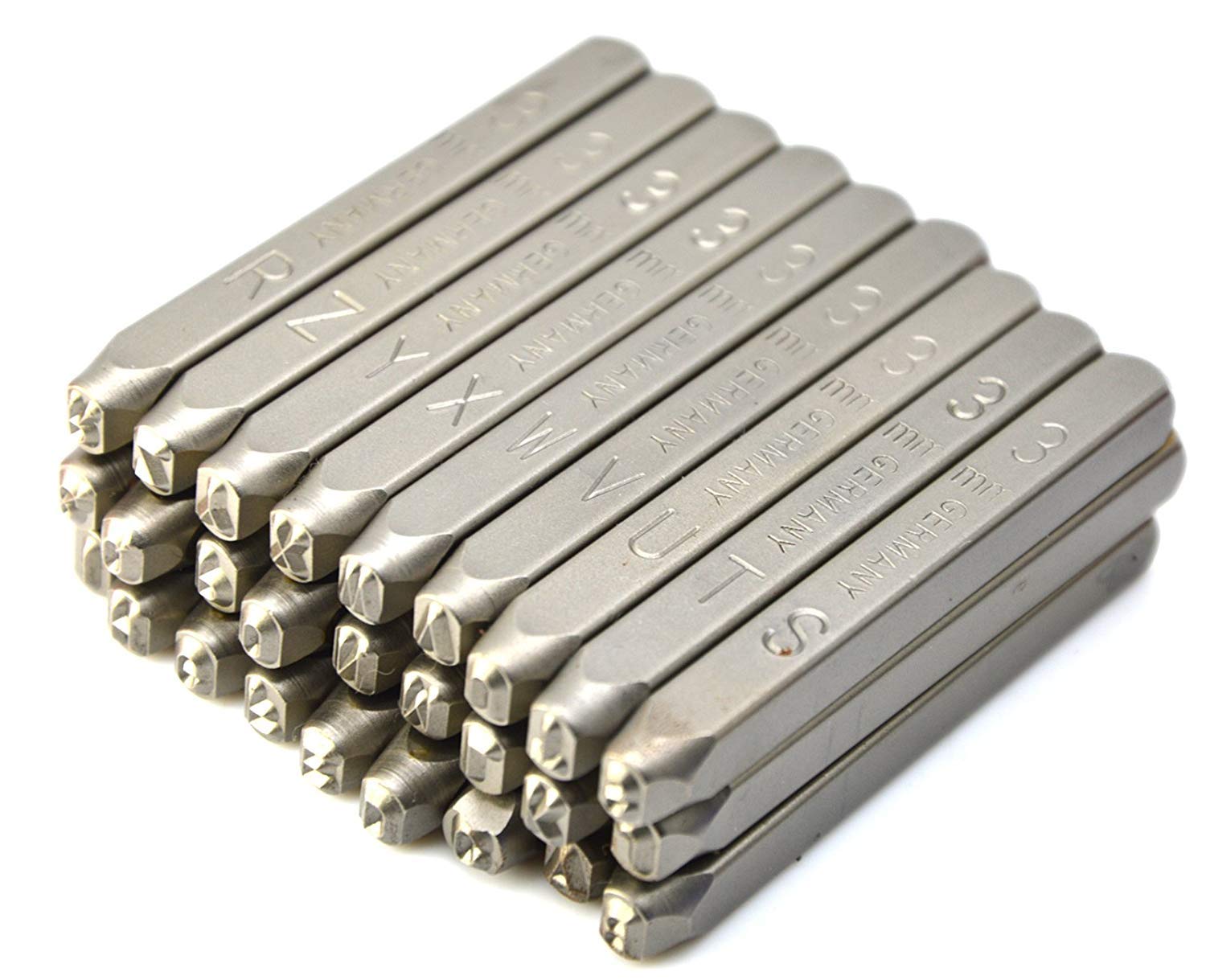 wokesi 1/8 "(3 mm) alta dureza de acero al carbono mayúsculas lunares letras alfabeto Escritura sello en la mano Punches de metal para el código de moho etiqueta Jewel Making Die