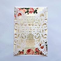 Vista 16 de 25 tarjetas de invitación para bodas cortadas con láser en rojo con sobres, hojas interiores en blanco, cintas para bodas, despedidas de soltera