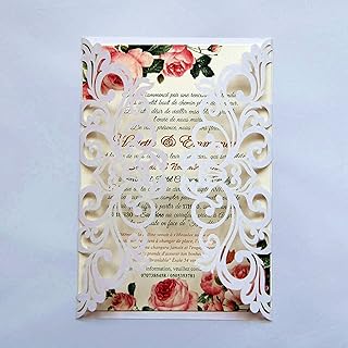 25PCS Pearl White Laser Cut Wedding Invitations Cards with Envelopes,Blank Inner Sheets,Ribbons for Wedding Bridal Shower Quinceañera Engagement Birthday Invites (B001) - Buy now
