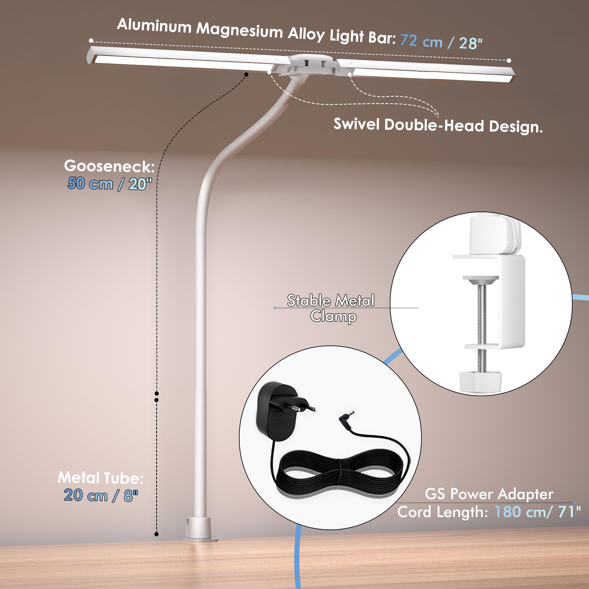 EYOCEAN Schreibtischlampe, Doppelkopf Schreibtischlampe Klemmbar, 16W 72cm Tageslichtlampe Schreibtisch mit Fernbedienung, Dimmbare Monitor Lampe, Schwanenhals Büro Tischlampe, Augenschutz Klemmlampe