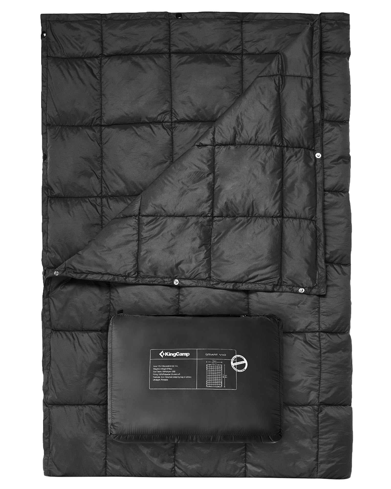 KingCamp Ultralight Camping Blanket, Packable Down Alternative Puffy Wearable Blankets Weatherproof Warm Package Quilt with Snap Buttons for Outdoor Hiking Travel Picnic Stadium (78.7" x 56.7", BLACK)