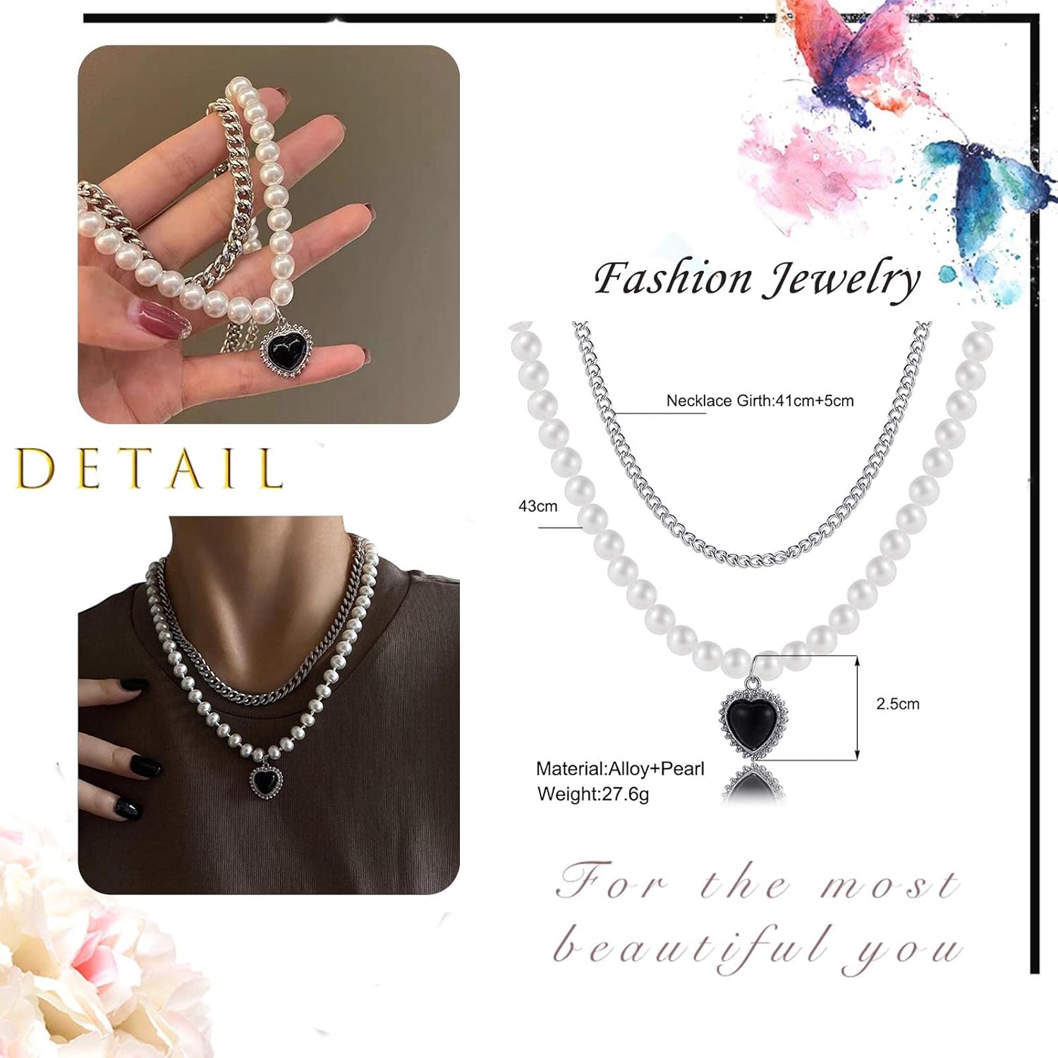 Layered Pearl Choker Necklace Black Crystal Heart Pendant Necklace Faux Pearl Chain Love Heart Necklace Vintage Silver Pearl Collar Necklace Jewelry for Women - Image 4