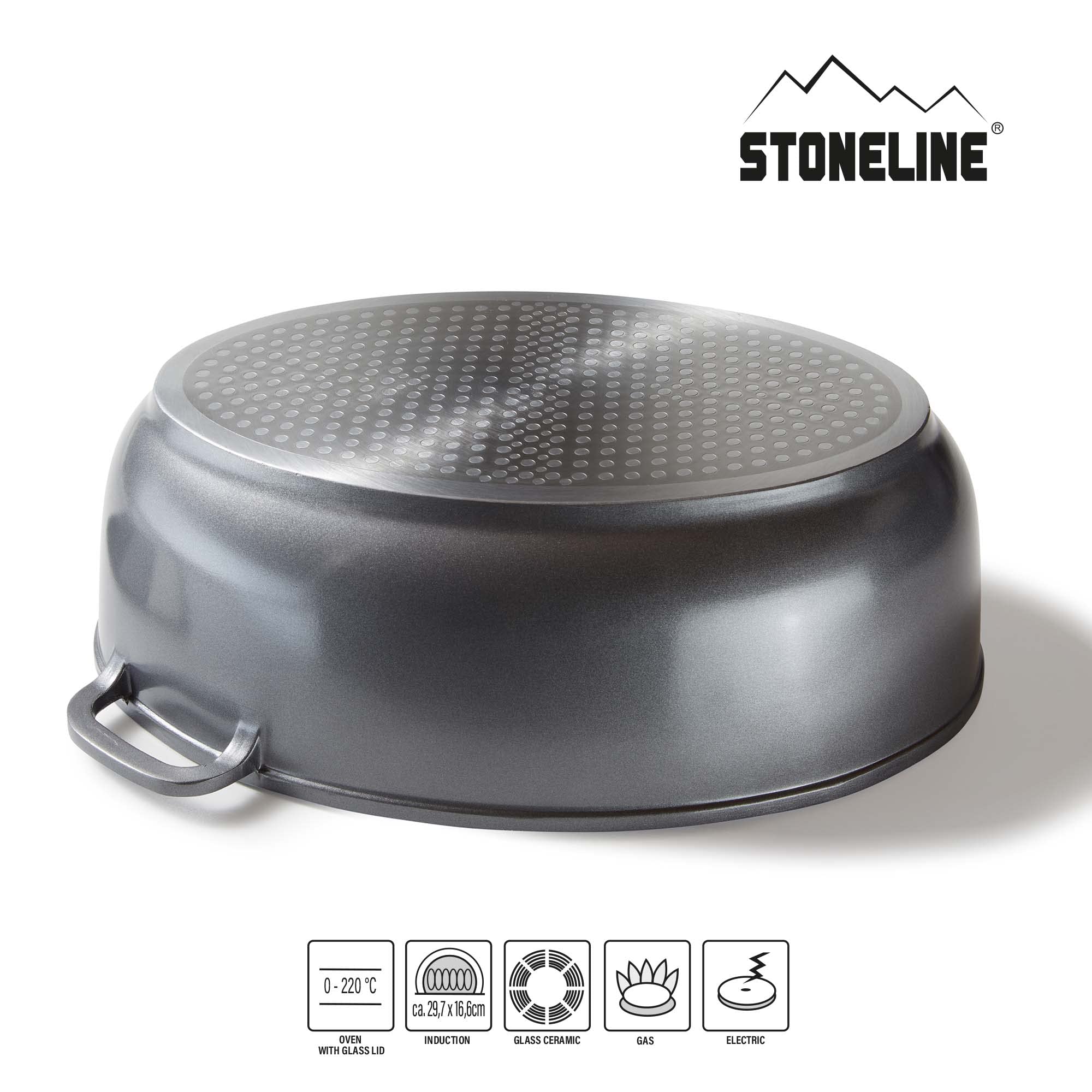 STONELINE Gourmet Bräter mit Deckel Induktion Oval 39x26 cm, 8,5 L, Aluguss Topf beschichtet mit echten Steinpartikeln mit Aromadeckel Bratentopf Schmortopf mit Deckel Backofengeeignet, alle Herdarten