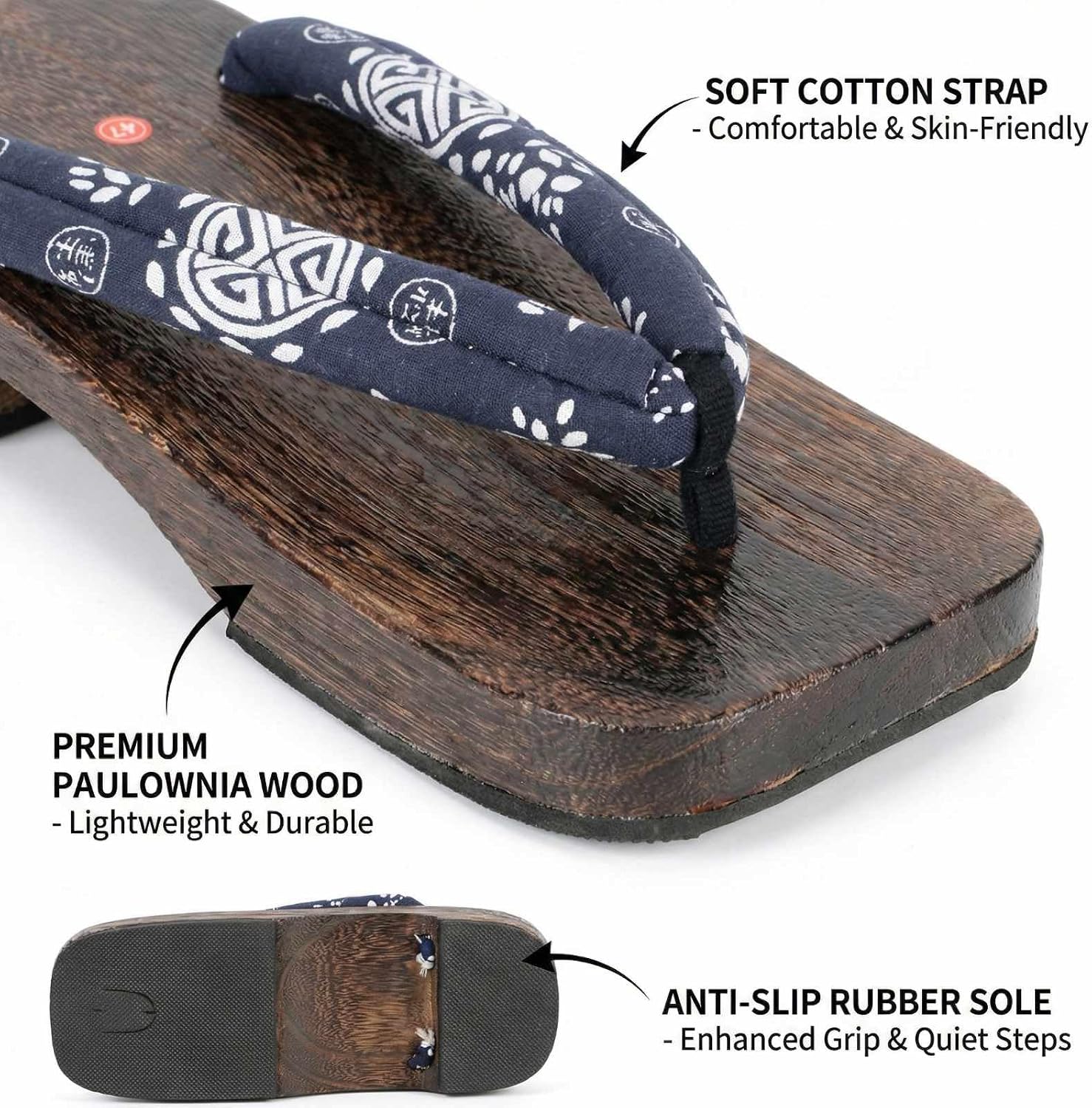 Men's Japanese Wooden Geta Sandals Traditional Paulownia Clogs Wide Sole Flip Flops with Soft Cotton Straps for Cosplay Kimono Summer Indoor Outdoor