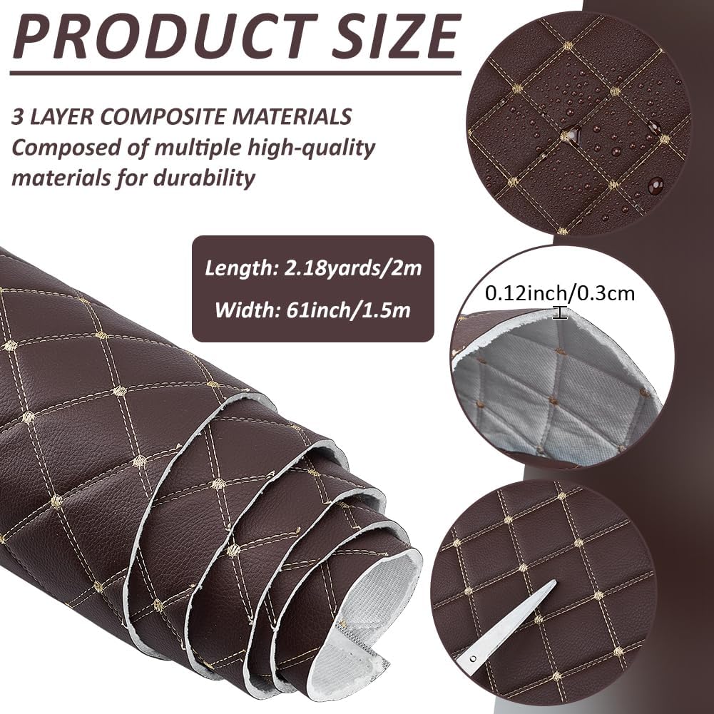 MAYJOYDIY 2.1 Yards Quilted Foam Fabric Faux Leather Fabric 61 inch Diamonds Pattern Leather Fabrics with Brown Stitch for Car Automotive Interior Furniture Upholstery (Brown)