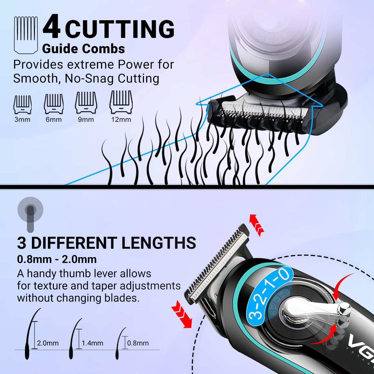 VGR V-075 shaver with four cutting guide combs (3mm, 6mm, 9mm, 12mm) and an adjustable taper lever for lengths from 0.8mm to 2.0mm.