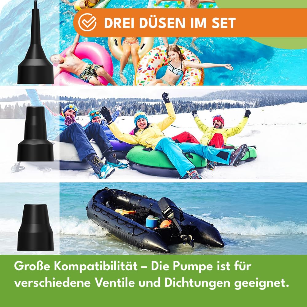 KRUMAD Pompa ad aria elettrica 12 V/230 V 50 W - Pompa a doppia funzione con funzione di gonfiaggio e spurgo - 3 teste per materasso ad aria, piscina, gommoni, letti ad aria e giocattoli