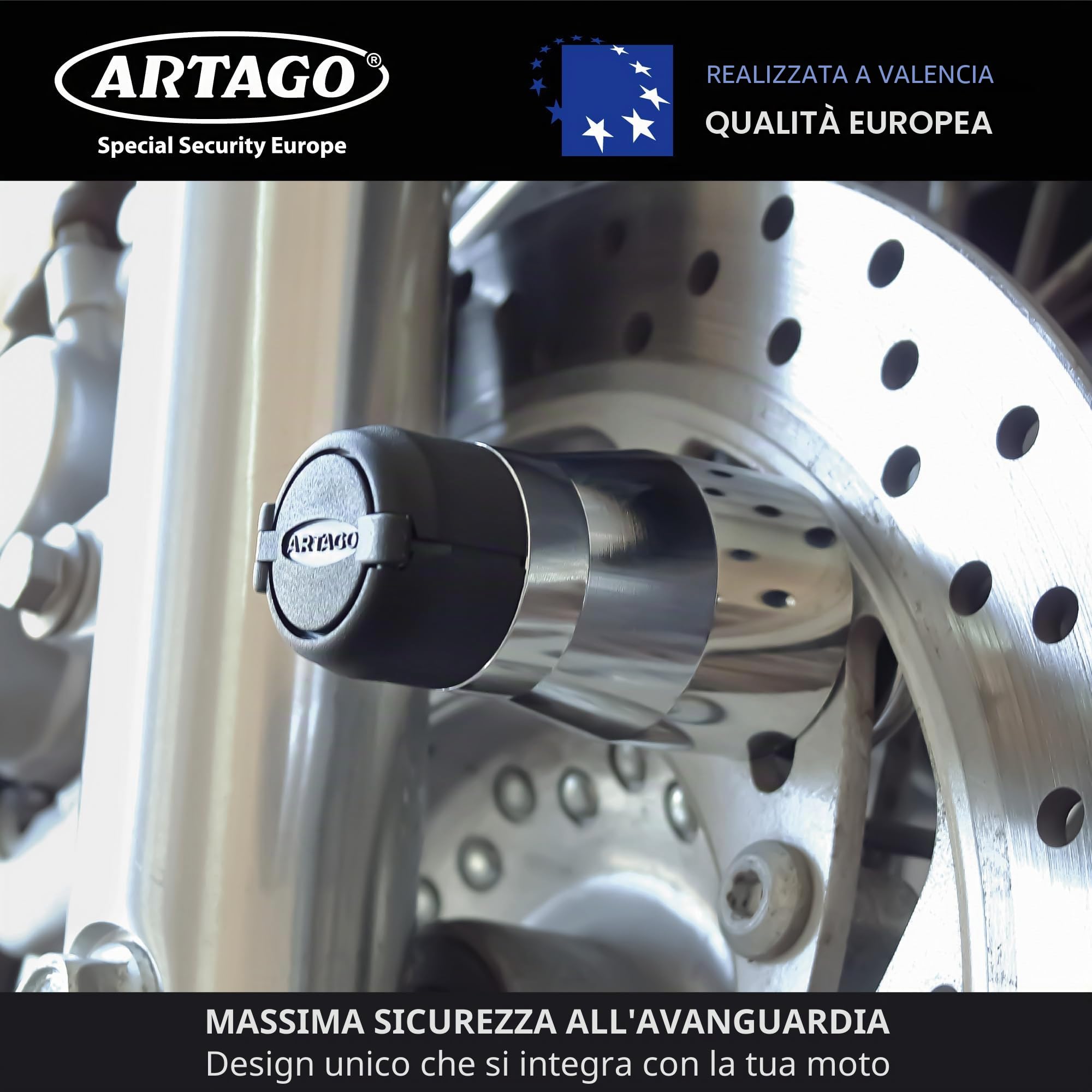 Artago 562-I Bloccadisco Moto Alta Gamma + Regalo Supporto di Trasporto, Blocco a 4 Sfere in Acciaio, Cromato, Serratura Alta Sicurezza, Lucchetto Antifurto Pinza Blocca Disco Moto Ruota Scooter