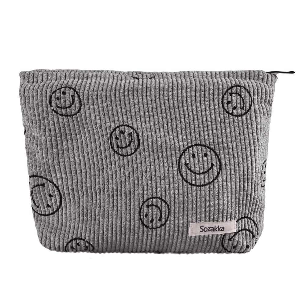 Cosmetic Bags for Women, Smiley Face Small Makeup Bag for Purse, Corduroy Cosmetic Bag Aesthetic Make Up Bag Cute Makeup Pouch Organizer