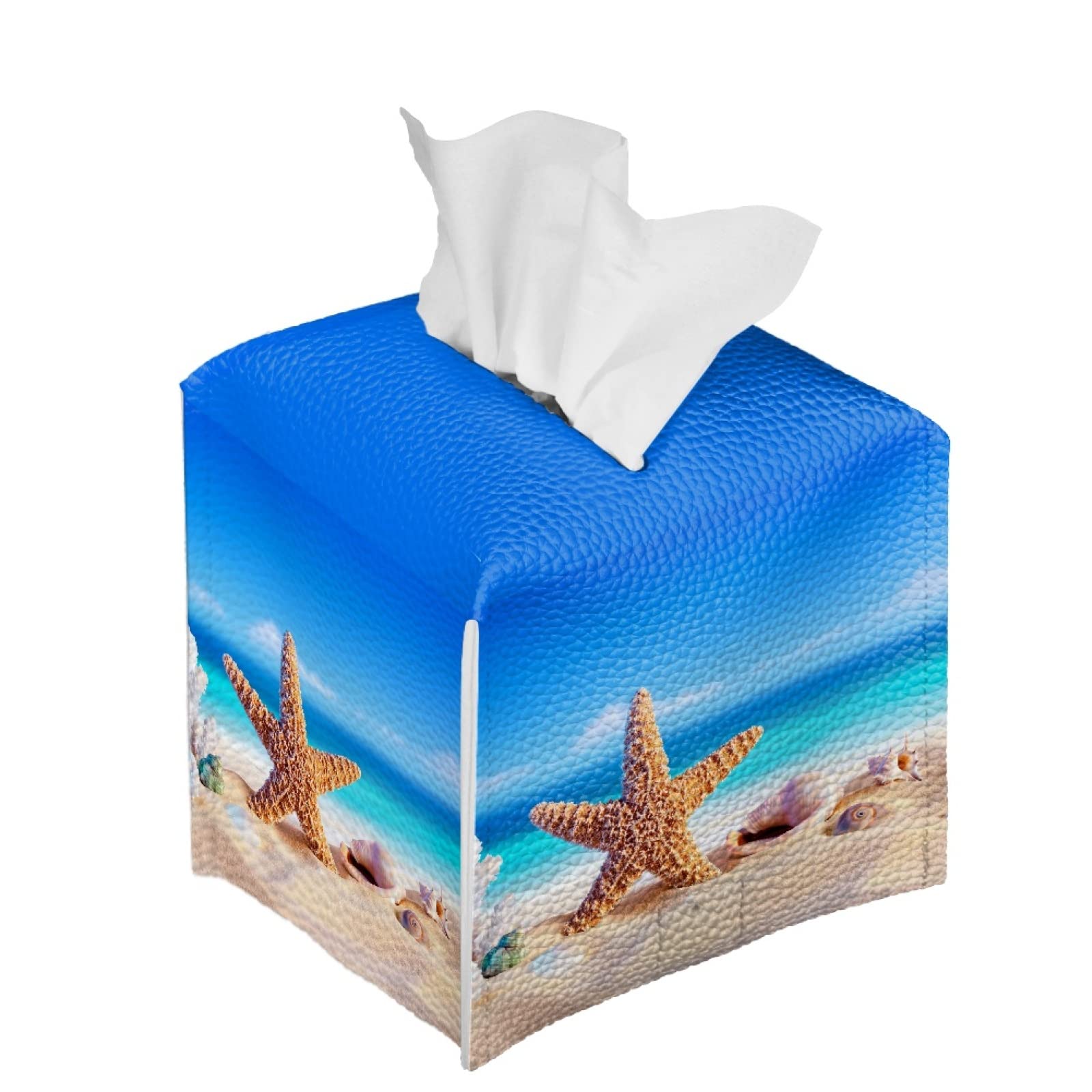 Taschentuchbox-Hülle 'Strand Seestern' – Quadratisch, Aus PU-Leder, 13x13x14 Cm