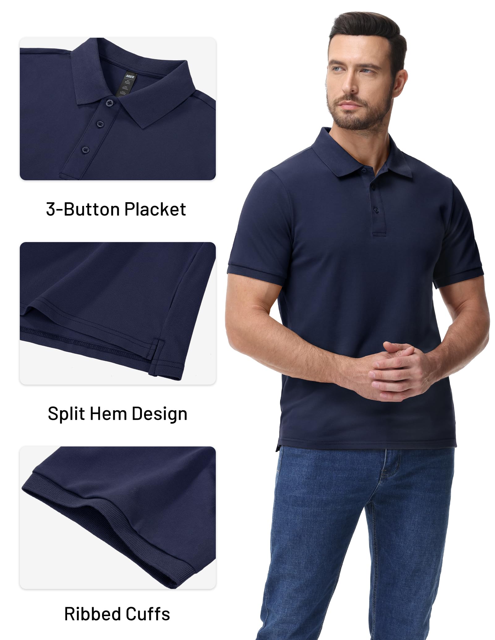 MIER Poloshirts für Herren, Baumwolle, kurzärmelig, Golf, Tennis, Kragen für Freizeit, Arbeit, Reisen, 3 Knöpfe, ultraweich