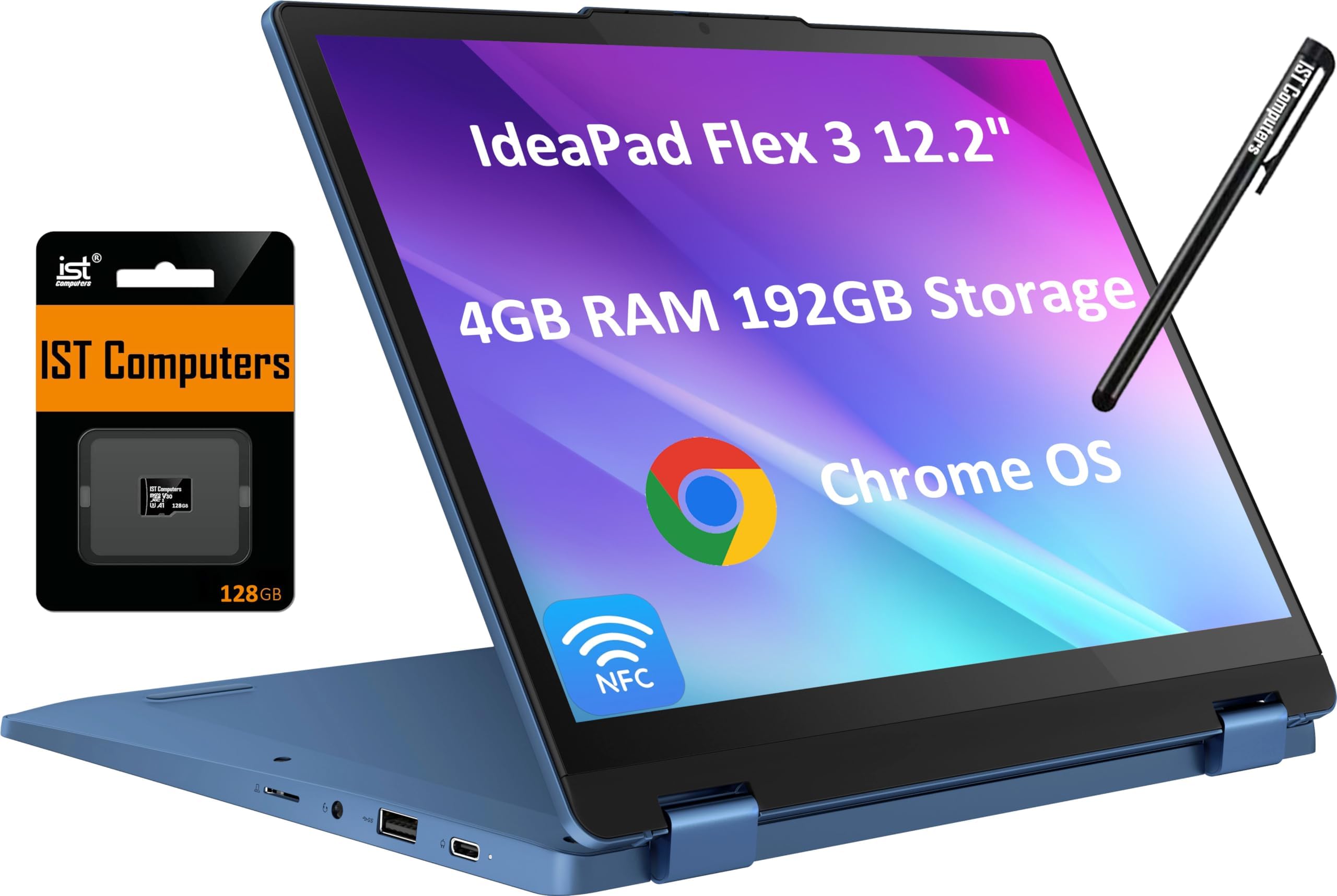 Lenovo Flex 3 3i 2-in-1 Chromebook (12.2" FHD+ Touchscreen, Intel N100, 4GB DDR5 RAM, 192GB (64GB eMMC + 128GB SD Card)) Student & Education Laptop, Webcam, NFC, HDMI, USB-C, IST Pen, Chrome OS, Blue