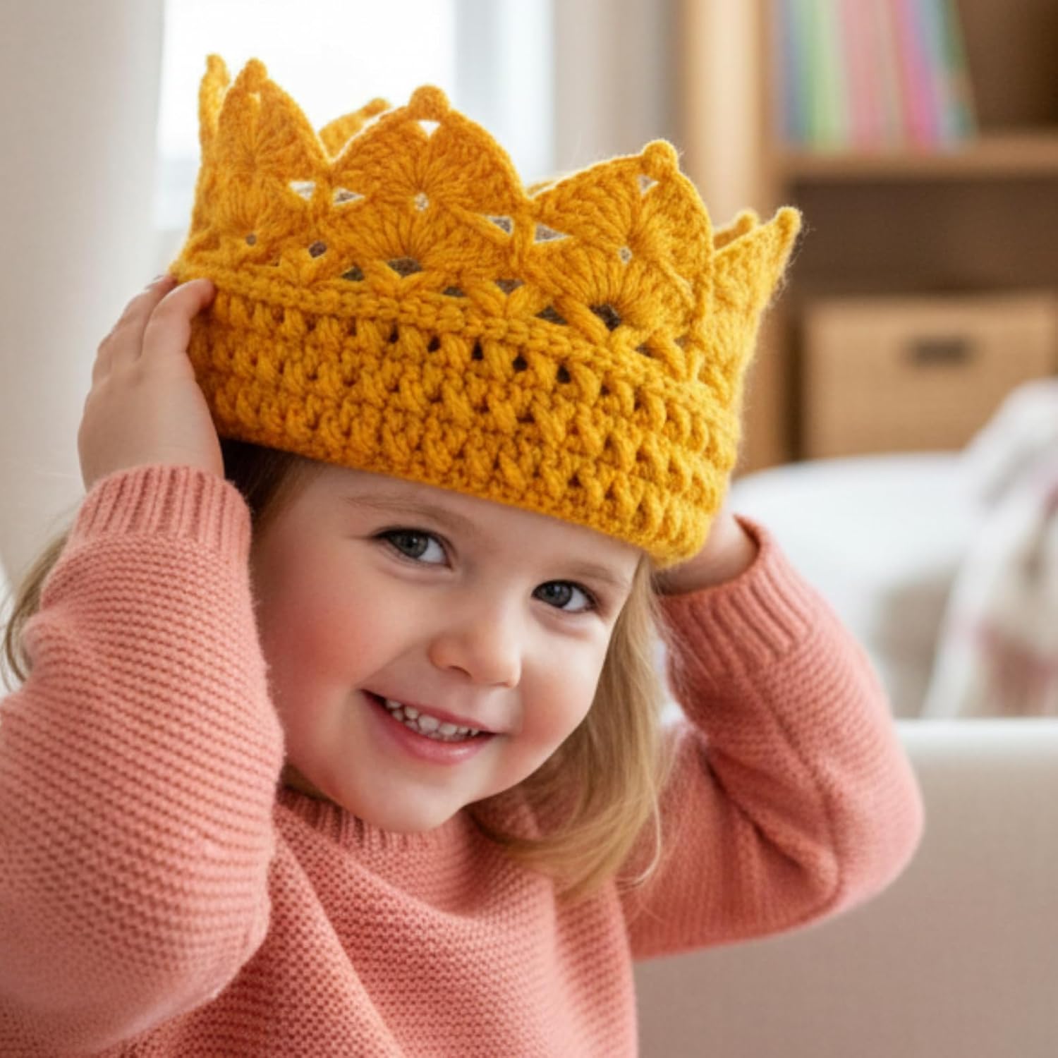 Syhood Handmade Crochet Crown Headband Golden Knit Birthday Crown Crochet Beanie Cap Birthday Gift for Party - Image 5