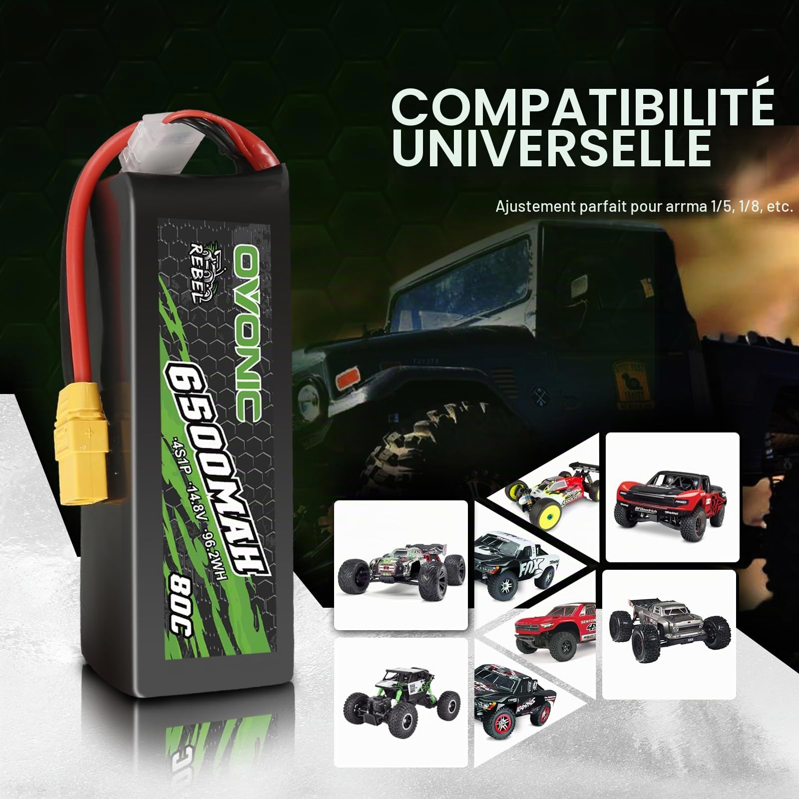 OVONIC Lot de 2 batteries Lipo 4S 6500 mAh 80 C 14,8 V avec prise XT90 pour voiture RC Truggy Buggy RC Hobby