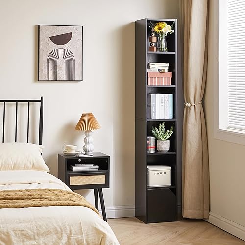 Miniatura 4 de IBUYKE Estantería estrecha de 6 niveles, moderna estantería de esquina negra con almacenamiento de puertas, estante de torre multimedia, gabinete,