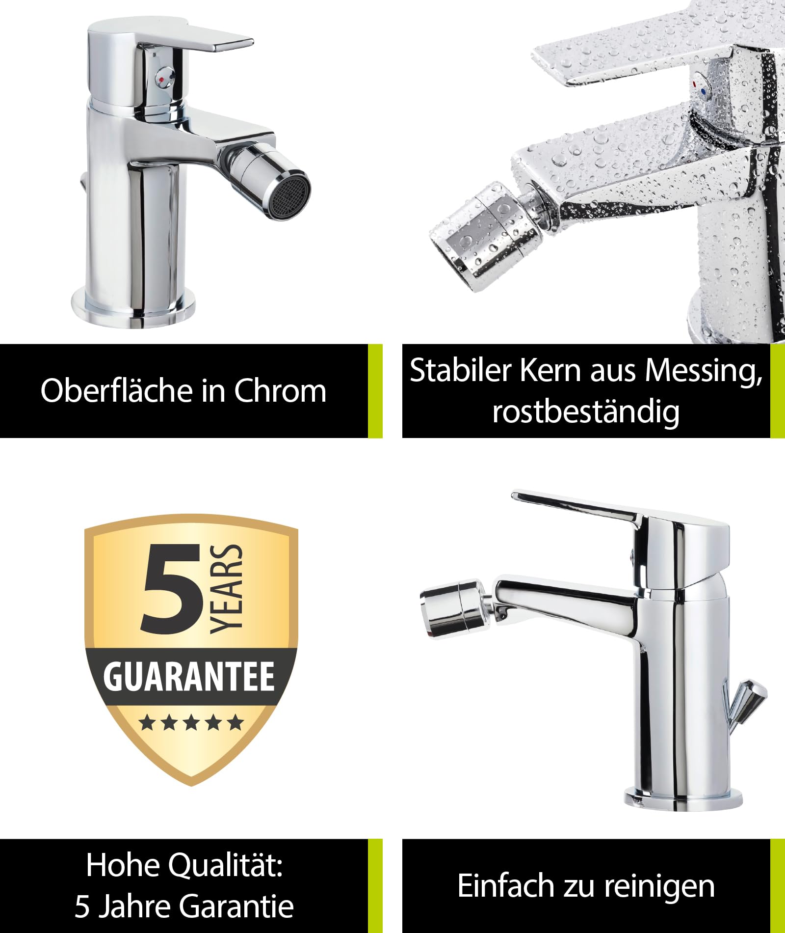 aquaSu® Bidet-Armatur Onoa, mit Excentergarnitur, Wasserhahn Bidet, leichtgängige Keramikkartusche, Standard-Montage, Messingkern, verchromt, 799119