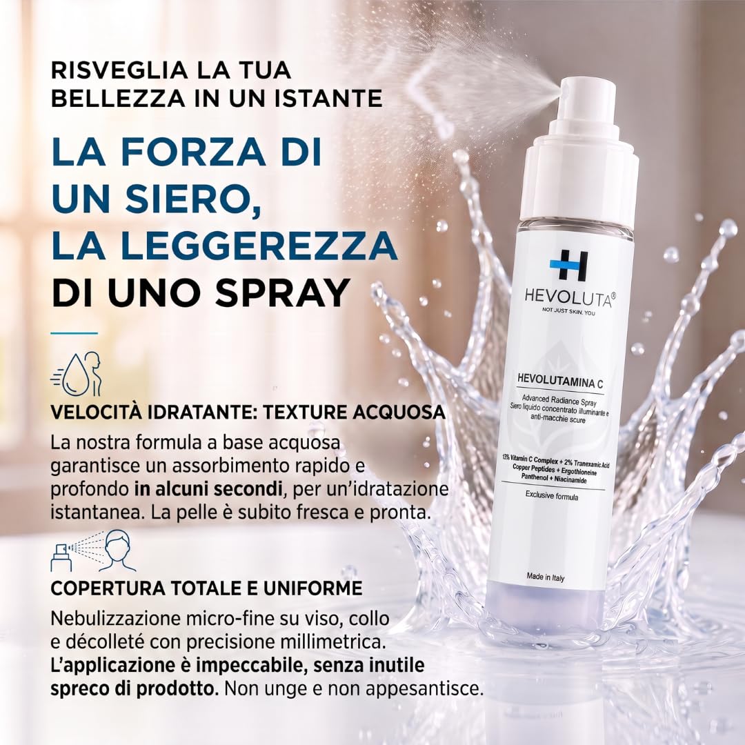 Hevolutamina C Siero Viso Spray, Vitamina C e Peptidi di Rame GHK-Cu, 50ml | Siero Liquido Illuminante e Antiossidante, con Ergotioneina, Niacinamide, Pantenolo, Made in Italy