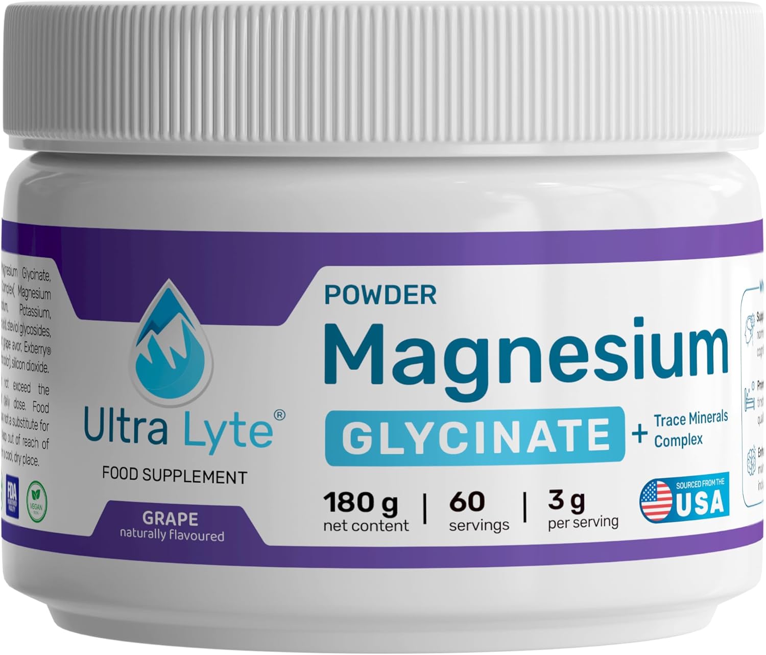 Ultra Lyte Magnesium Glycinate Powder with Trace Minerals 180g – Vegan & Gluten-Free Flavoured Magnesium Supplement – for Sleep Aid, Stress Relief & Muscle Relaxation – 60 Servings – Grape