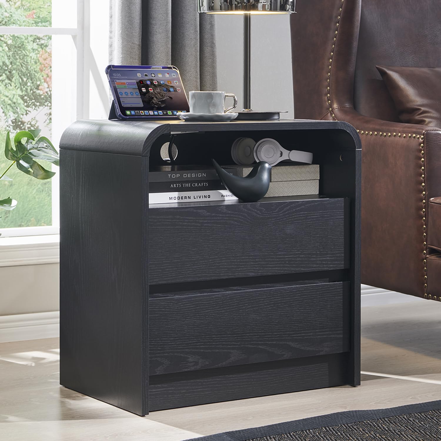 25" Tall Modern Nightstand with Charging Station, 23.6'' Wide Wood Bedside Table w/2 Storage Drawers, Large Mid Century End Table for Bedroom, Living Room, Curved Profile Design, Black