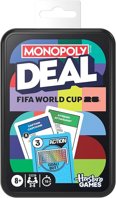 Monopoly Deal FIFA Coupe du monde 2026 Edition Jeu officiellement autorisé FIFA Coupe du monde jeu de carte de football pour les enfants 8+ | 2 à 5 Joueurs 15 Mins. (anglais) & Version française)