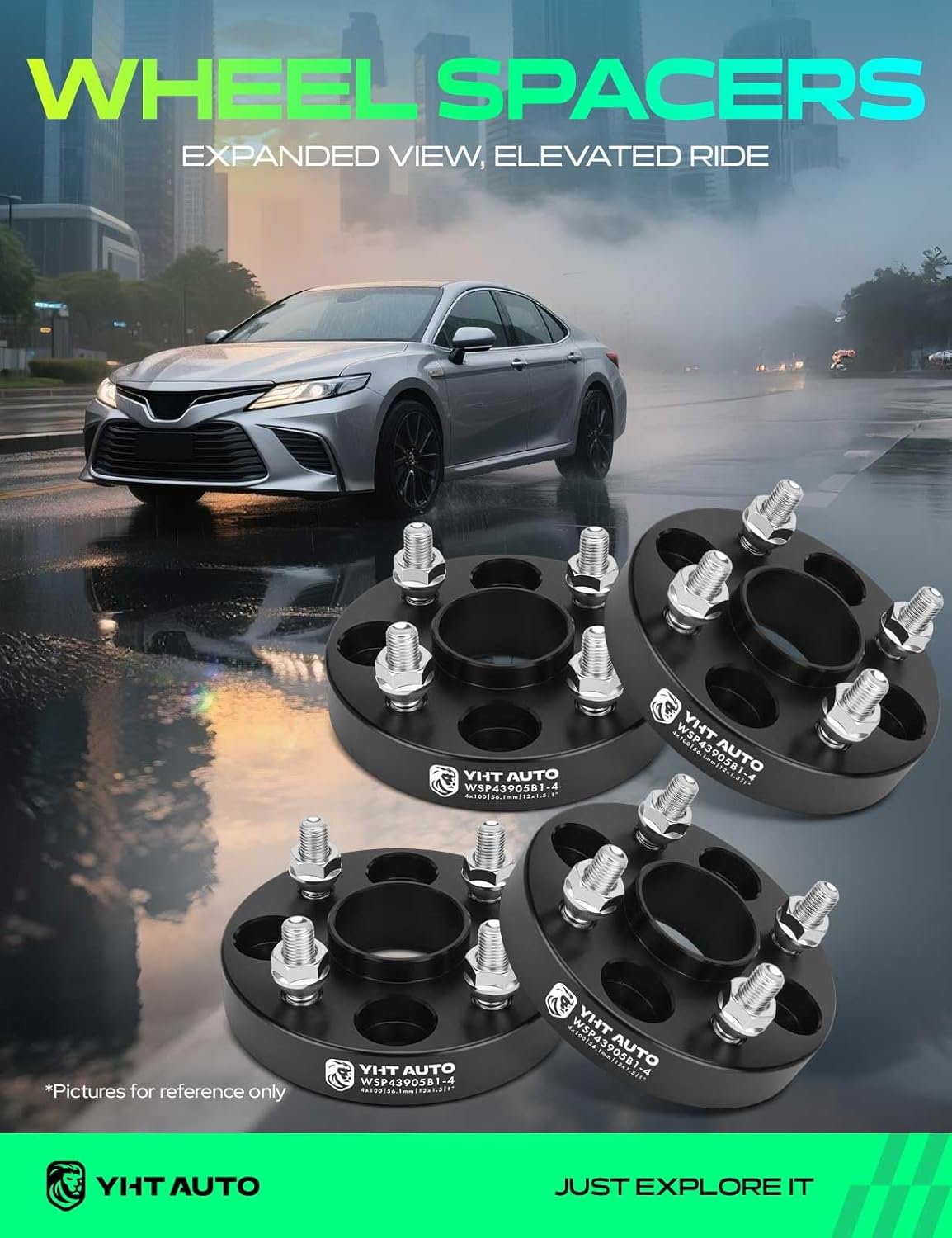 YHTAUTO 4x100 Hub Centric Wheel Spacers 1 inch Fits Honda Civic, Accord, Mini Cooper, Acura, Kia, Mitsubishi Model, 4 Lug Wheel Tire Spacers w/ M12x1.5 Studs and 56.1mm Hub Bore, 4PCS Black