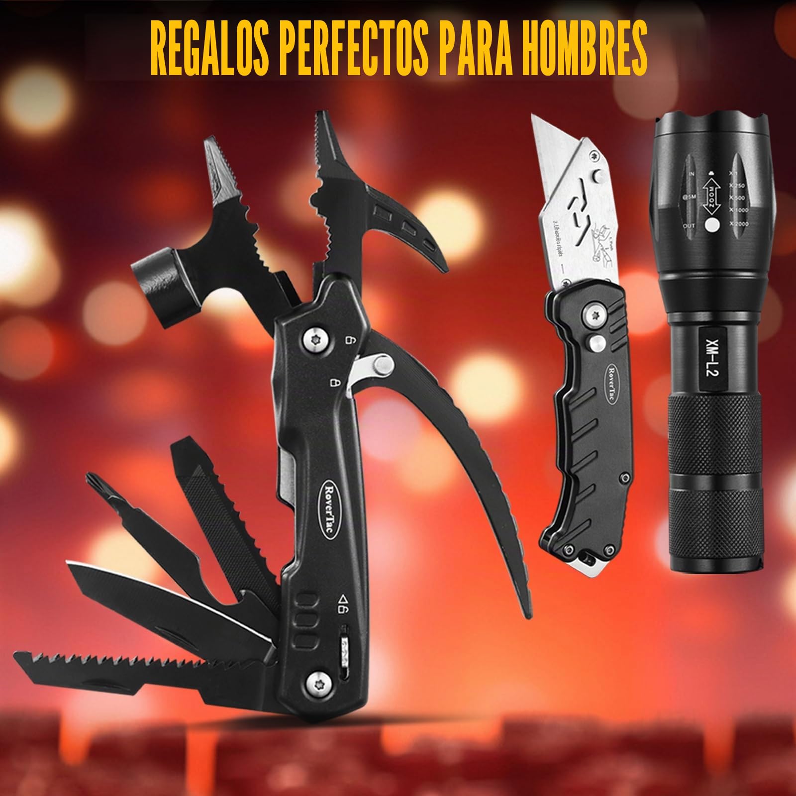 RoverTac Juego de herramientas múltiples: martillo multiherramienta 12 en 1, linterna LED, cuchillo utilitario en caja de regalo premium, equipo de supervivencia para camping, regalo multiherramienta