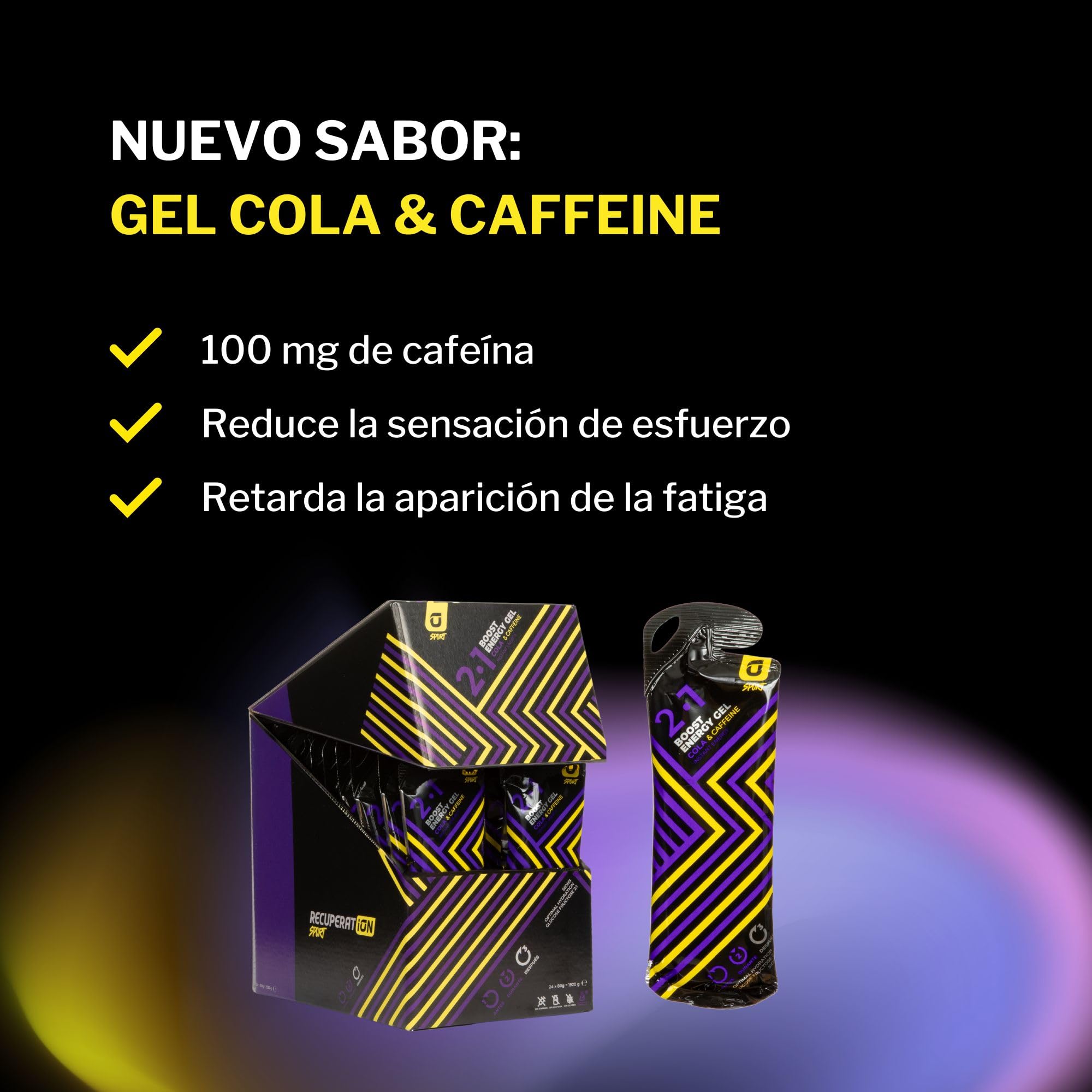 Gel Energético con Magnesio + Glucosa + Electrolitos y Cafeína para Deportistas Ciclismo Running y Calambres Musculares - Sabor Cola Sin Gluten Ni Lactosa - Pack 24 Sobres Apto Veganos | RECUPERATION