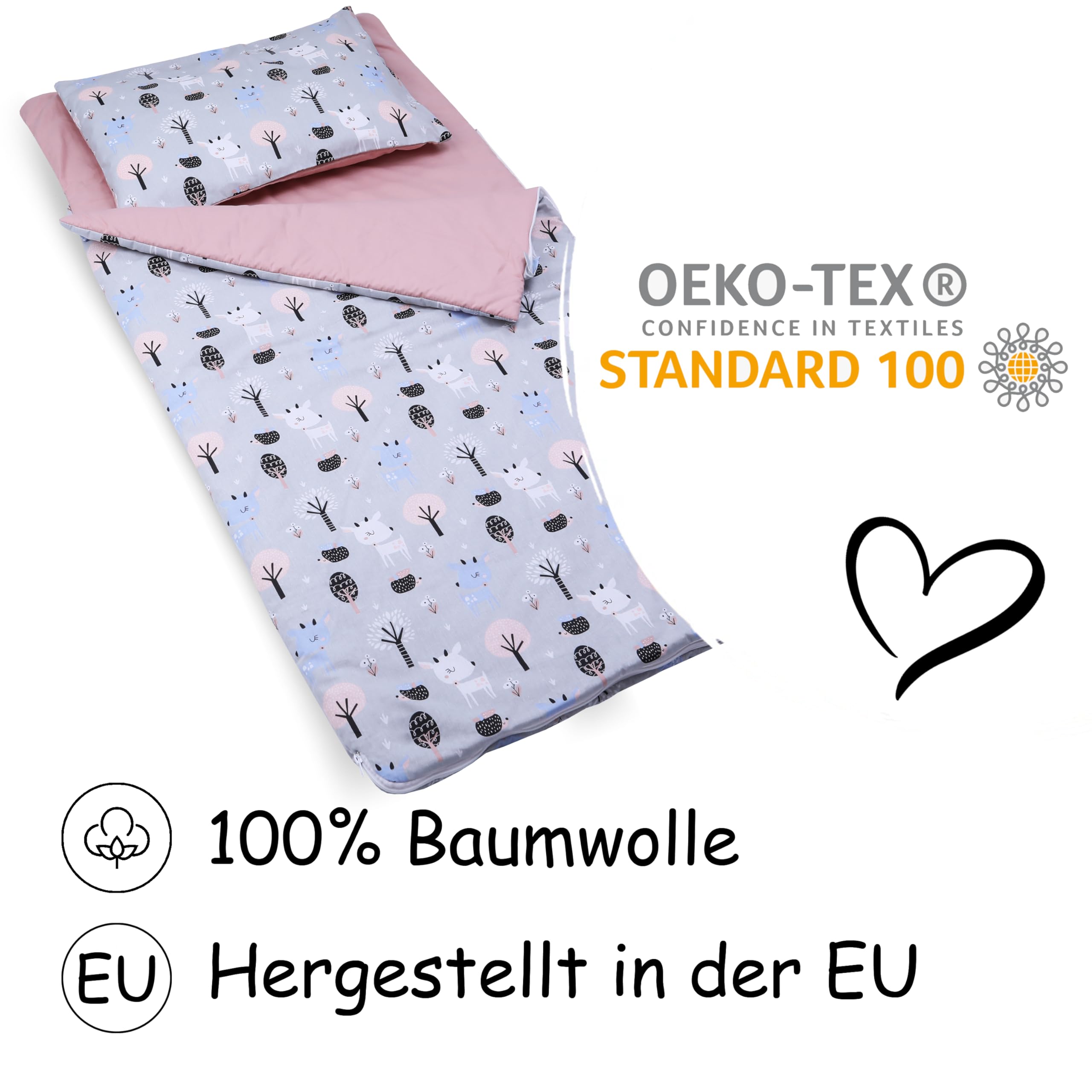 PinkZebra Schlafsack Kinder 140x75 cm mit Kissenbezug 60x40 cm & Beutel, Öko-Tex, Bambi