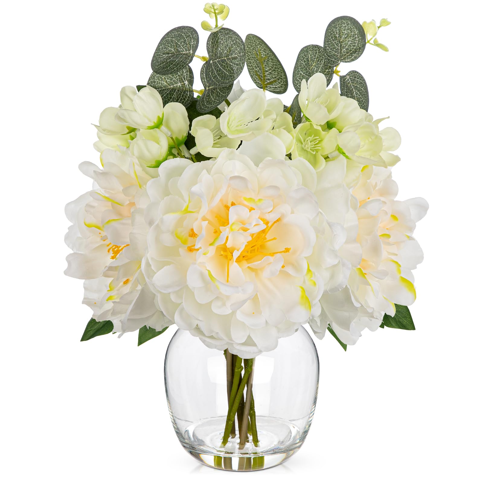 Oairse Artificial Peony Flowers in Glass Vase with Faux Water, Realistic Silk Flower Arrangement with Vase, White Peonies Flower Table Centrepiece for Living Room Bedroom Office Home Decorations