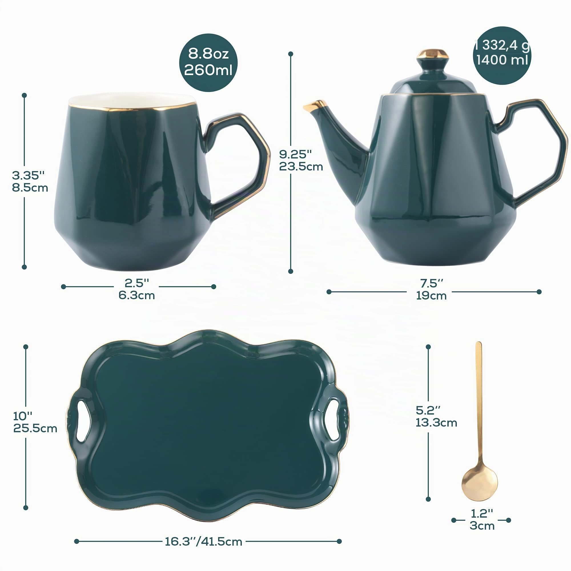 DUJUST Service à Thé 14 Pièces de 6 avec Plateau à Thé et Cuillères, Ensemble de Tasses à Thé/Café Design Diamant Moderne avec Garniture Dorée, Ensemble Théière/Thé en Oorcelaine - Vert