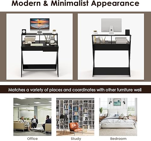 Miniatura 9 de Tangkula Escritorio para computadora de 2 niveles con cajón de almacenamiento pequeño escritorio con soporte para monitor reposapiés pensado y patas