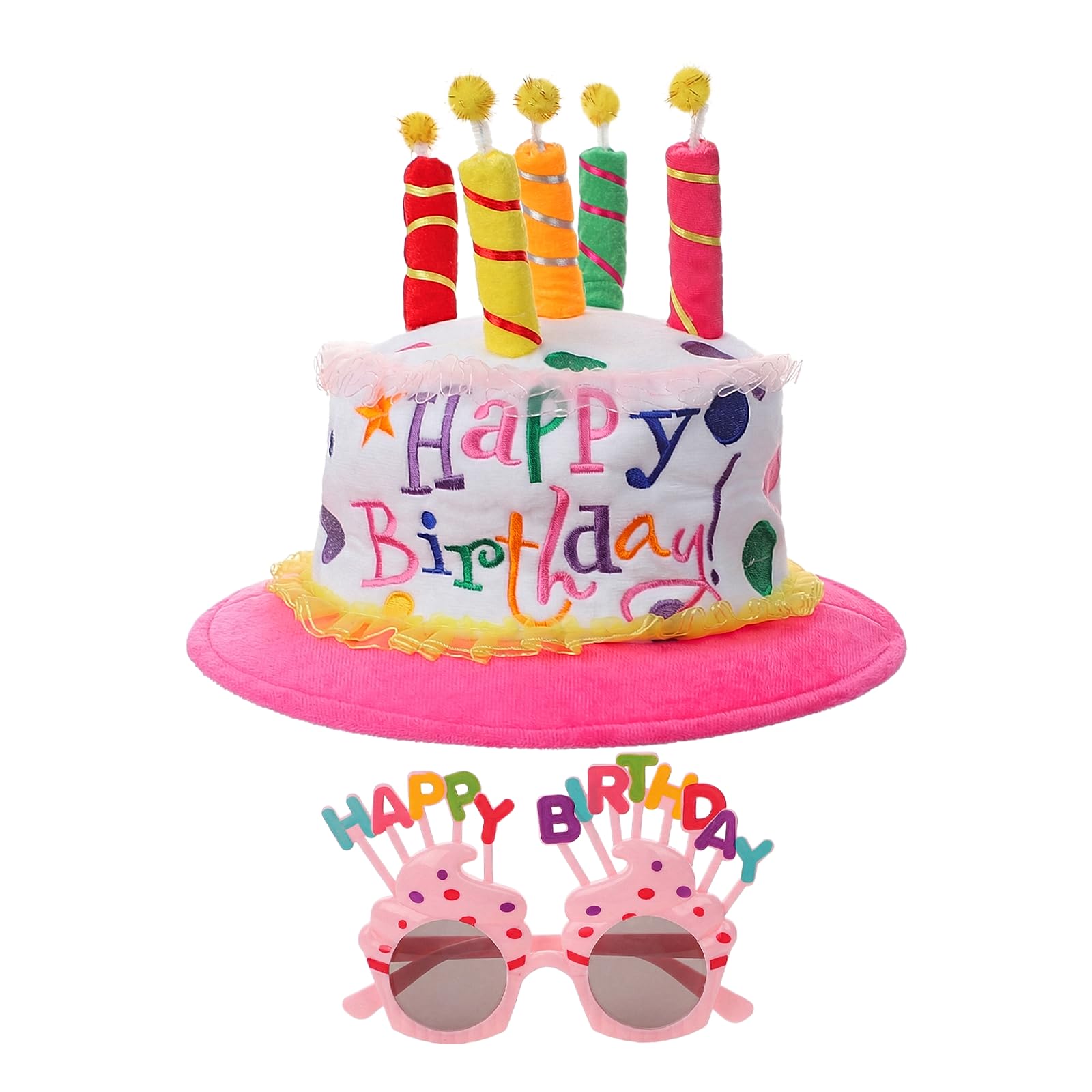 Faxianther Funny Happy Birthday Cake Hat Glasses Set Men Women Cozy Plush Cake Hat Costume Headwear Accessory with Multicolor Candles & Sunglasses for Birthday Party Halloween Cosplay Carnival