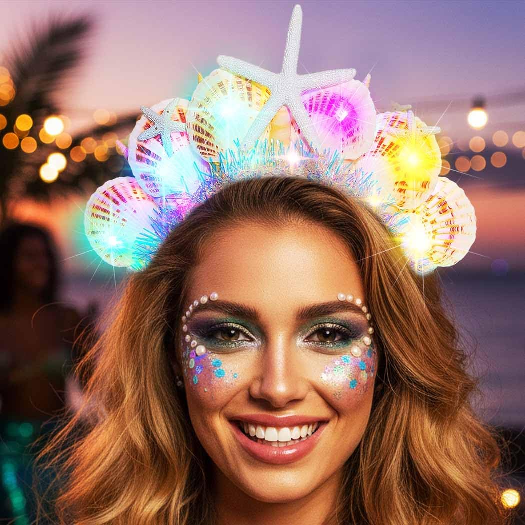 BARTOSI Light Up Mermaid Headband LED Seashell Headpiece Mermaid Costume Hair Accessories for Women - Image 3