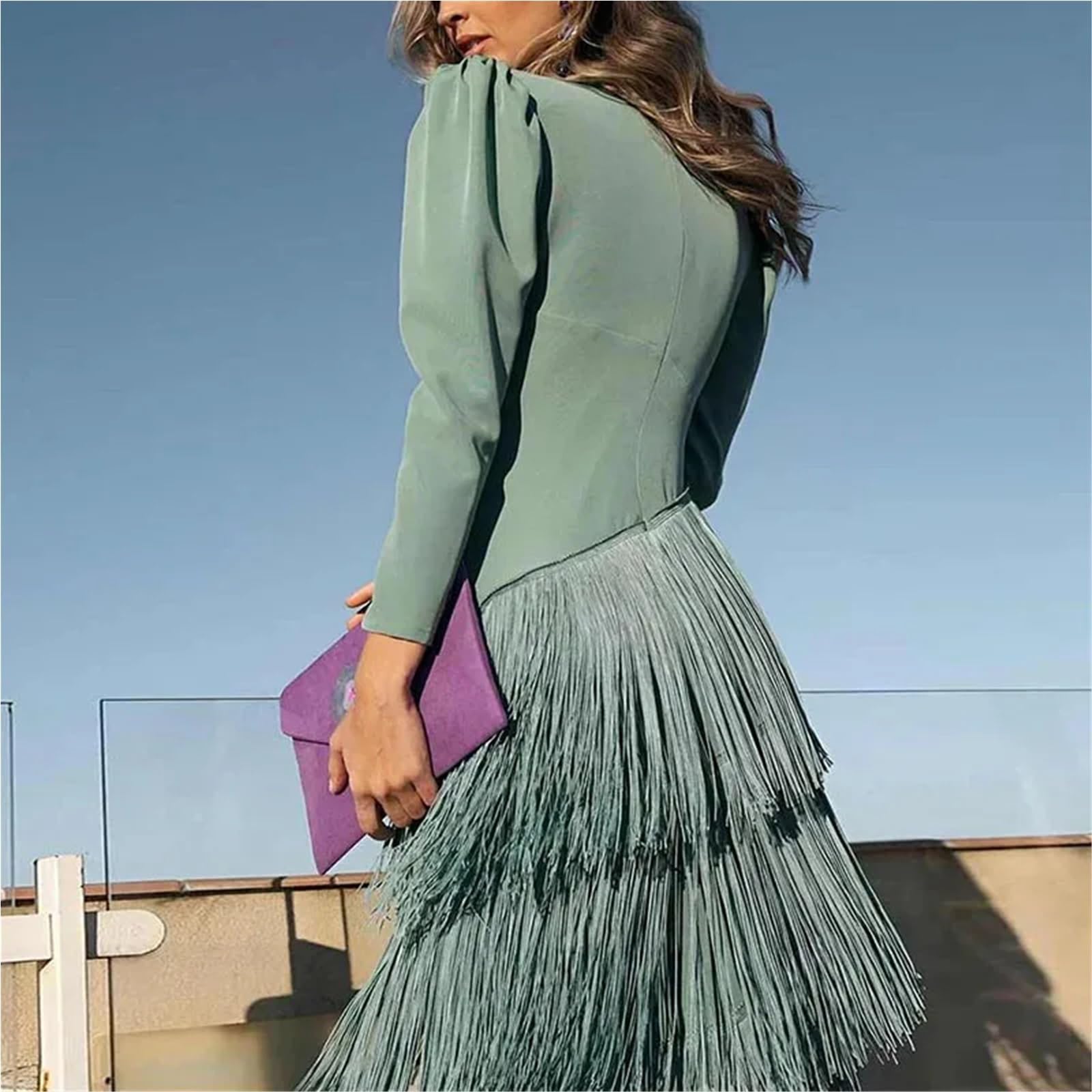 Elegant Deep V Neck Slim Prom Dresses Spring Solid Spliced Tassel Long Dress Woman Autumn Maxi